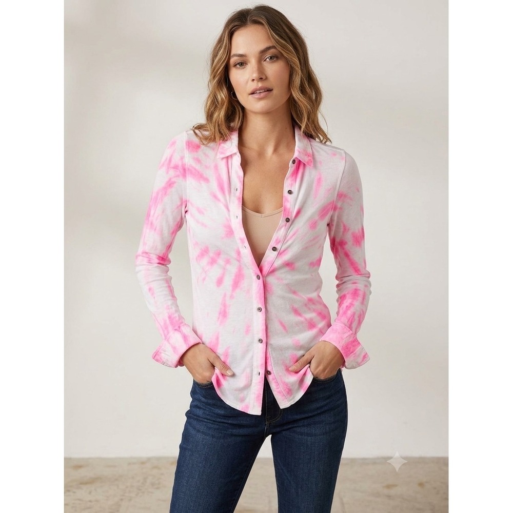 Vtg Y2K Hard Tail Forever Neon Pink & White Tie Dye Shrunken Knit Button Front S